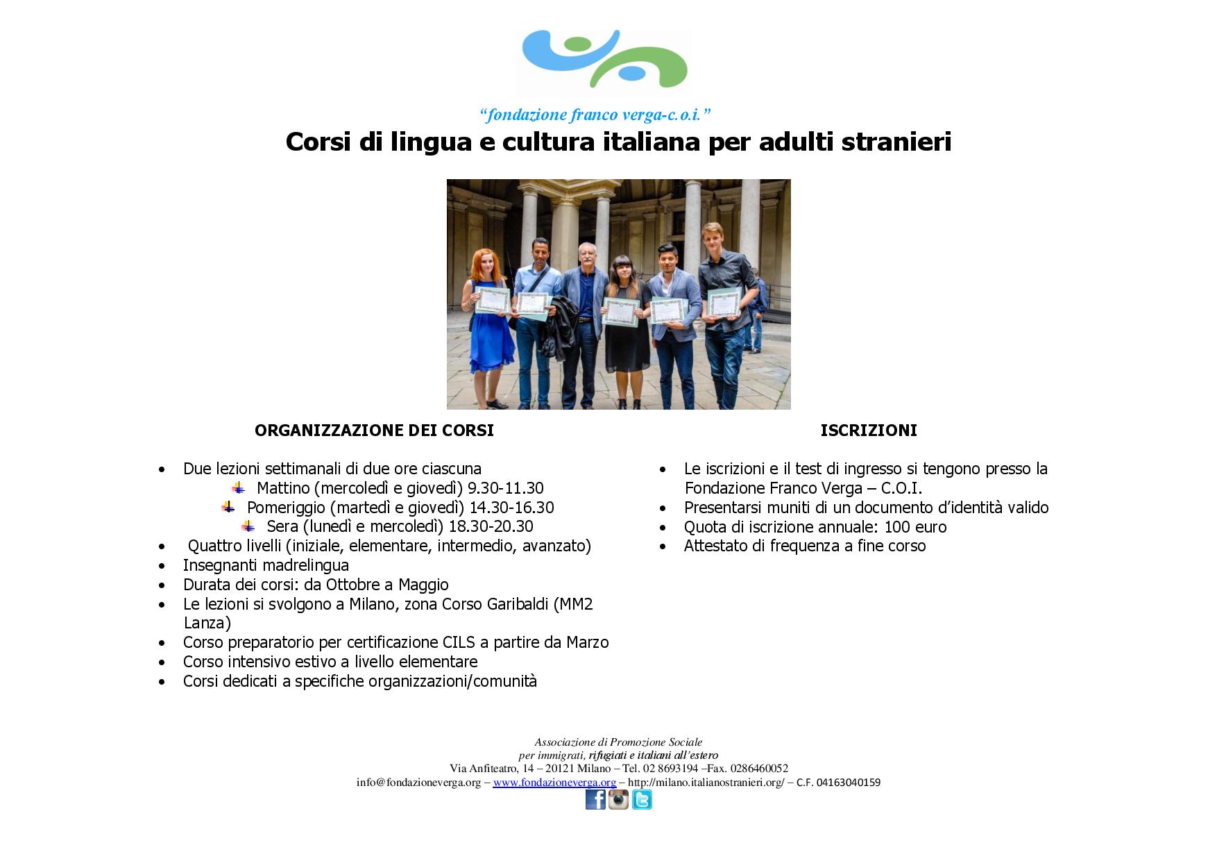 FONDAZIONE VERGA Corsi di lingua e cultura italiana per adulti stranieri 